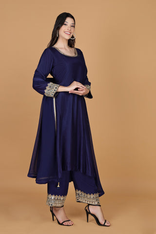 Embellished Mirror Work Round Neck Kurta With Palazzos & Dupatta