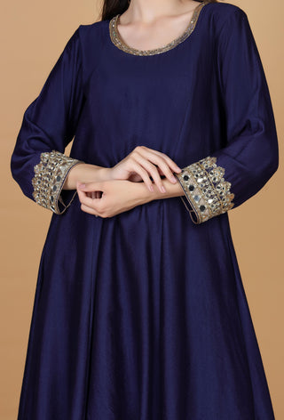 Embellished Mirror Work Round Neck Kurta With Palazzos & Dupatta