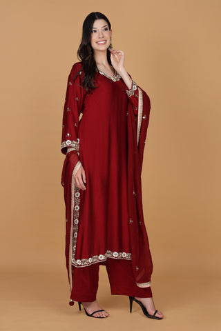 Ethnic Motifs Embroidered V Neck Kurta With Palazzos & Dupatta
