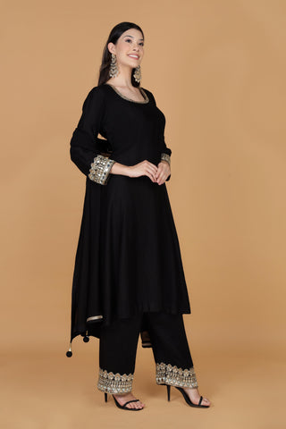 Floral Yoke Design Mirror Work Cotton Silk A-Line Kurta With Palazzos & Dupatta