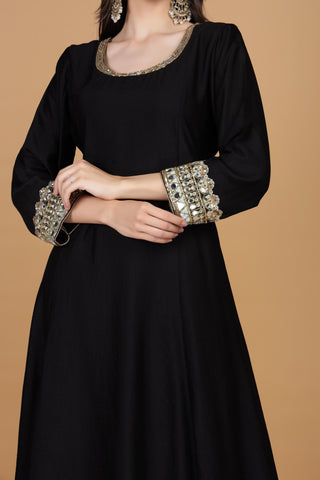 Floral Yoke Design Mirror Work Cotton Silk A-Line Kurta With Palazzos & Dupatta
