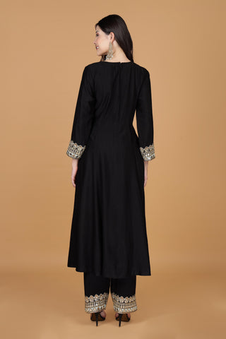 Floral Yoke Design Mirror Work Cotton Silk A-Line Kurta With Palazzos & Dupatta