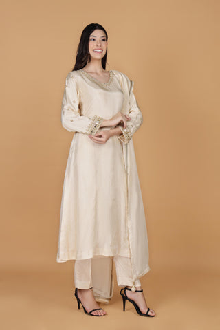 Floral Yoke Design Aari Work Pure Silk A-Line Kurta With Trousers & Dupatta