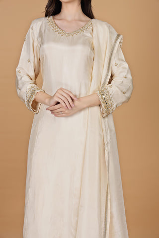 Floral Yoke Design Aari Work Pure Silk A-Line Kurta With Trousers & Dupatta