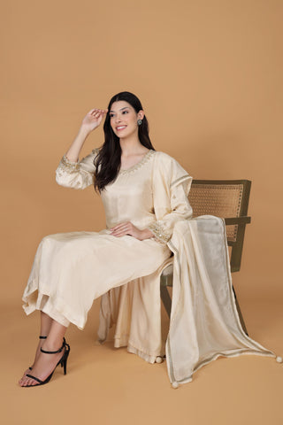 Floral Yoke Design Aari Work Pure Silk A-Line Kurta With Trousers & Dupatta