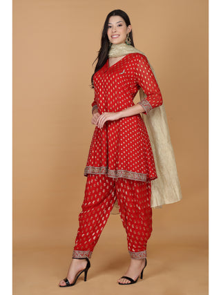 Floral Woven Design Aari Work Georgette Anarkali Kurti With Salwar & Dupatta