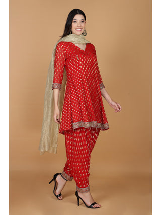Floral Woven Design Aari Work Georgette Anarkali Kurti With Salwar & Dupatta