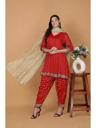 Floral Woven Design Aari Work Georgette Anarkali Kurti With Salwar & Dupatta