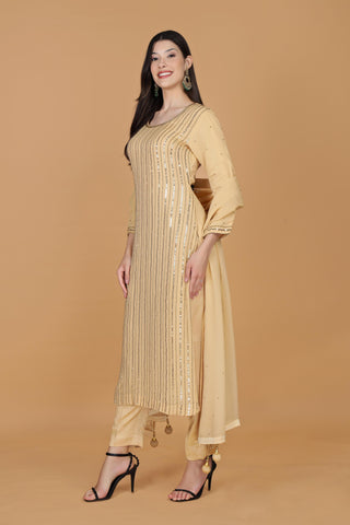 Striped Sequnnied Georgette A-Line Kurta With Trousers & Dupatta