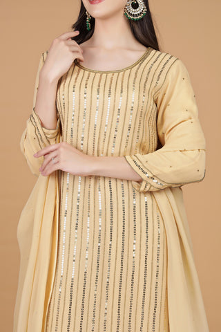 Striped Sequnnied Georgette A-Line Kurta With Trousers & Dupatta