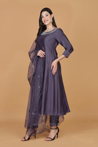 Floral Yoke Design Chanderi Silk A-Line Kurta With Trousers & Dupatta