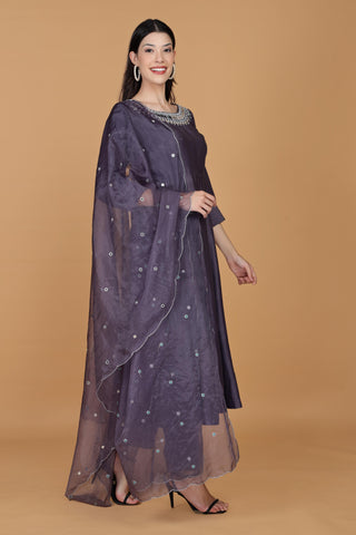 Floral Yoke Design Chanderi Silk A-Line Kurta With Trousers & Dupatta