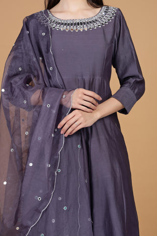 Floral Yoke Design Chanderi Silk A-Line Kurta With Trousers & Dupatta