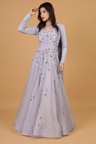 Women Floral Embroidered Net Fit & Flare Maxi Dress