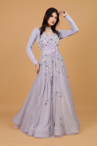 Women Floral Embroidered Net Fit & Flare Maxi Dress