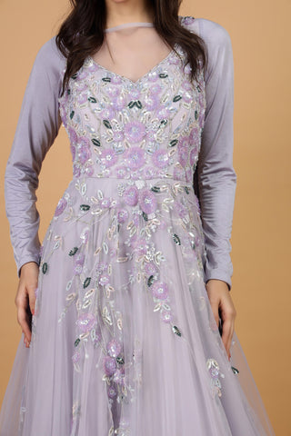 Women Floral Embroidered Net Fit & Flare Maxi Dress