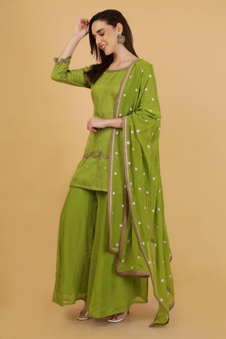 Women Green Aari Work Top with Sharara & With Dupatta