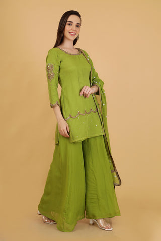 Women Green Aari Work Top with Sharara & With Dupatta