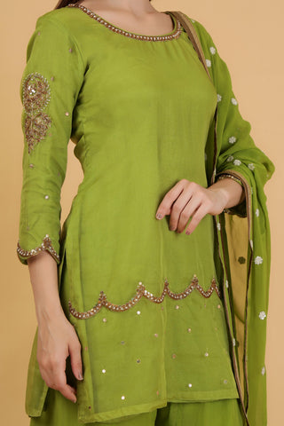 Women Green Aari Work Top with Sharara & With Dupatta