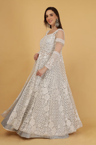 Women White Embroidered Anarkali Satin Suit