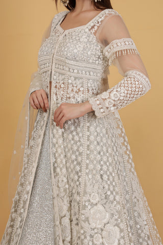 Women White Embroidered Anarkali Satin Suit