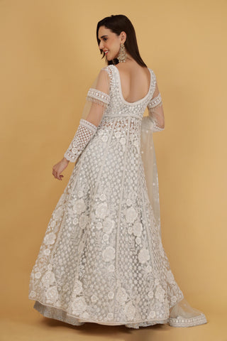 Women White Embroidered Anarkali Satin Suit