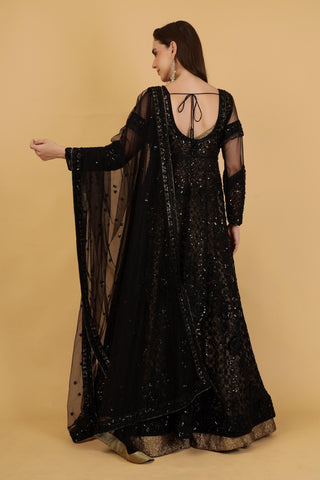 Women Black Embroidered Anarkali Satin Suit