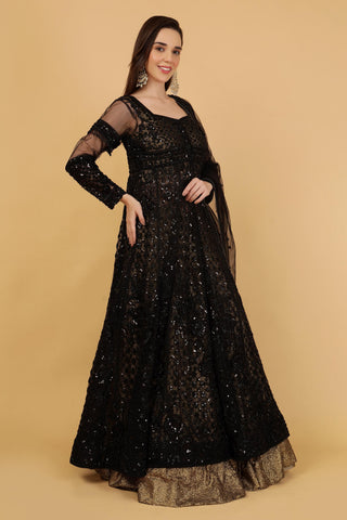 Women Black Embroidered Anarkali Satin Suit