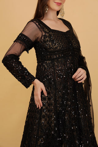 Women Black Embroidered Anarkali Satin Suit