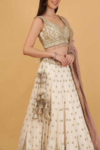 Women Off White Embroidered Georgette Lehenga