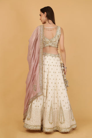 Women Off White Embroidered Georgette Lehenga