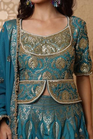Roohani Rang Silk Brocade Lehenga Set - Persian Blue