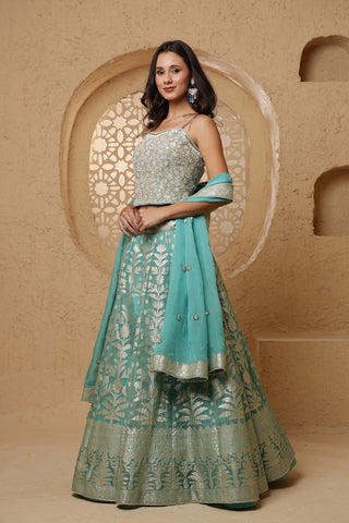 Roohani Rang Organza Brocade Lehenga Set - Teal
