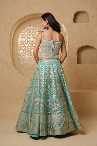 Roohani Rang Organza Brocade Lehenga Set - Teal