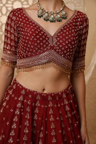 Roohani Rang Viscose Silk Embroidered Lehenga Set - Maroon
