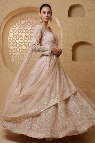 Roohani Rang Net Lehenga Set with Sequins & Beadwork - Baby Pink