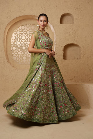 Roohani Rang Crepe Tissue Mirror work Lehenga Set - Leaf Green