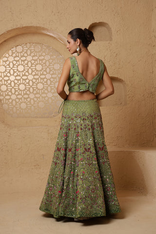 Roohani Rang Crepe Tissue Mirror work Lehenga Set - Leaf Green