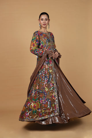 Roohani Rang Viscose Silk Sequins Mirror work Jacket Lehenga Set - Mocha Brown