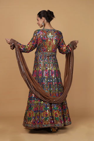 Roohani Rang Viscose Silk Sequins Mirror work Jacket Lehenga Set - Mocha Brown