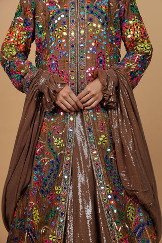 Roohani Rang Viscose Silk Sequins Mirror work Jacket Lehenga Set - Mocha Brown