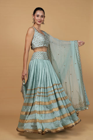 Roohani Rang Silk Viscose Cutdana Lehenga Set - Teal