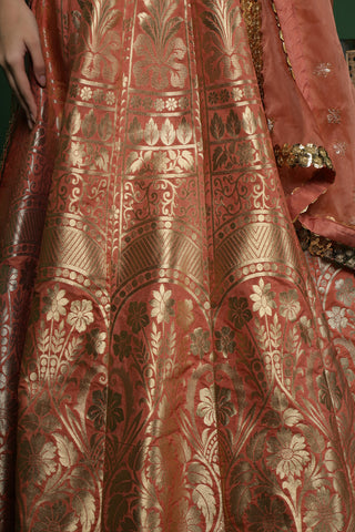 RUST ORANGE BANARSI SILK BROKADE LEHENGA SET