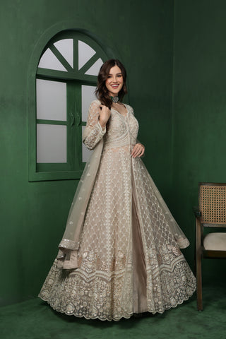 Lusture Luxe Lehenga Set with Jacket & Dupatta - Light Fawn