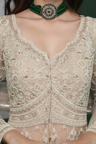 Lusture Luxe Lehenga Set with Jacket & Dupatta - Light Fawn