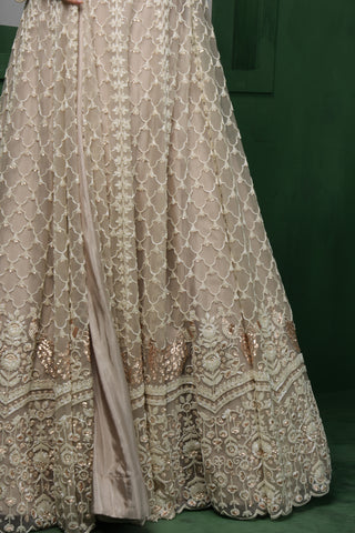 Lusture Luxe Lehenga Set with Jacket & Dupatta - Light Fawn