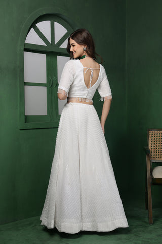 Ethereal White Luxe Ensemble With Asymmetrical Monotone Cutdana Sequins Work