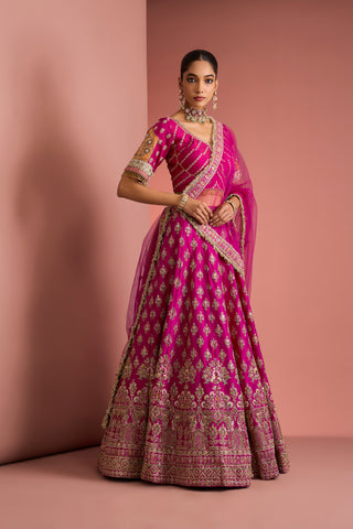 HOT PINK SILK LEHENGA SET WITH AARI EMBROIDERY