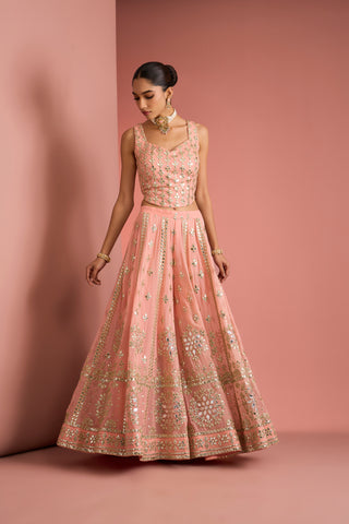 Gulnaar Peach Mirrorwork Lehenga