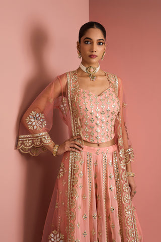 Gulnaar Peach Mirrorwork Lehenga